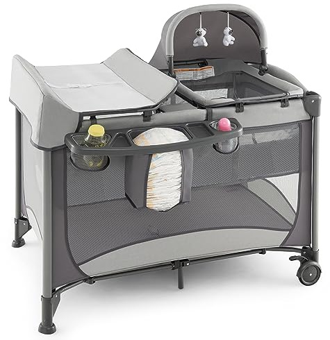 COSTWAY Lettino da Campeggio con Materasso, Lettino Pieghevole per Bambini con Fasciatoio, Culla da Viaggio con Ruote, Giocattolo, Lettino Bambini Staccabile, per Bambini 0-36 Mesi (Grigio)