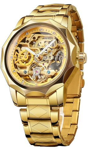 FORSINING mäns skelett automatisk Tourbillon klocka självvind ihålig mekanisk klocka Tourbillion romb rostfritt stål armbandsur guld ELLER svart