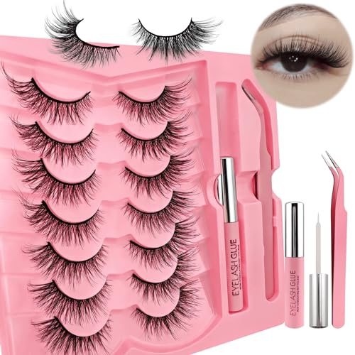 7 paires de faux cils 3D œil de chat avec colle et kit pince à épiler, volume moelleux Curly Cat-Eye Cils artificiels look naturel, réutilisable Faux cils de maquillage Set(1-5-Kit)