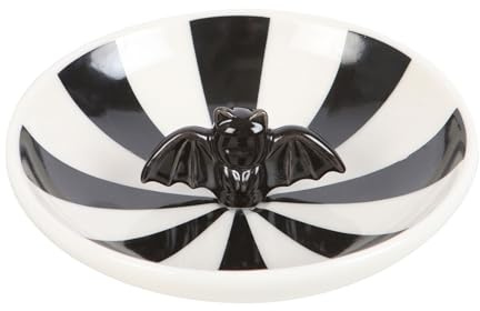 Striped Bat Trinket Dish - Quirky Ceramic Tray for Jewelry, Keys, and Small Items - Cute Halloween Decor or Gift for Bat Lovers - Hand-painted Design in Black and White Stripes