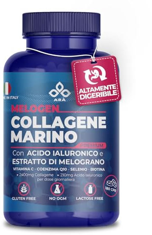 Collagene Marino Idrolizzato Con Acido Ialuronico ARÀ®, 2400mg Collagene, 210mg Acido Ialuronico,180 CPR con Vitamina C, Coenzima Q10, Selenio e Biotina-MELOGEN