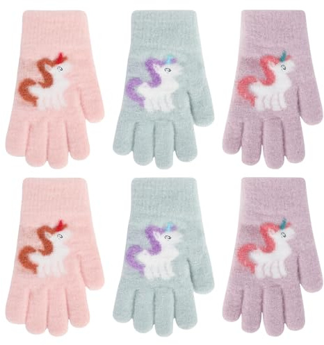 QKURT 3 Paia di Guanti Unicorno, Guanti Invernali Magici per Bambini, Guanti a Dita Intere per Bambini con Simpatico Modello di Cartone Animato per Ragazze di 5-10 Anni