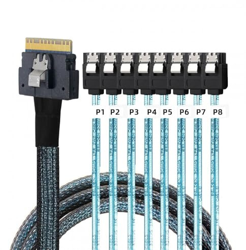 CY-kabel Slimline SAS 4.0 SFF-8654 8i 74-polig värd-raid till 8 SATA 7-polig målhårddisk fanout raid-kabel 1 till 8 splitter (50 cm)