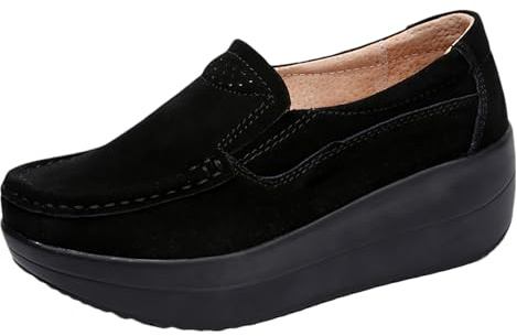rismart Dam mocka läder kilklack träningsskor plattform skor dra på loafers, Svart, 37.5 EU