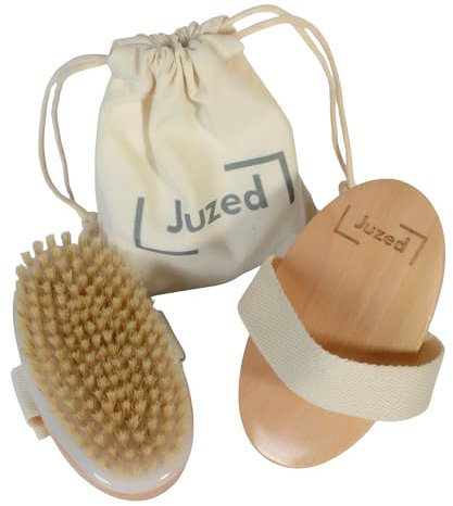 Juzed Spazzola Esfoliante Corpo a Secco – Setole Naturali Anticellulite – Dry Brushing Linfodrenante, Massaggio, Manico in Legno, Sacchetto per il Trasporto