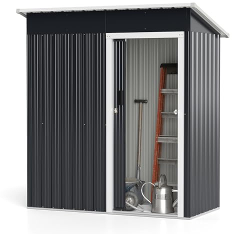 COSTWAY Caseta Jardin Exterior 1 ㎡, 163 x 86 x 181 cm, Cobertizo Jardin Exterior, Metal Galvanizado, Garden Shed de Techo Inclinado, Puertas Corredera Cerrable, Antracita