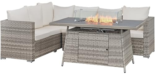 Aweather 6 Seater Rattan Corner Sofa Set Rattan Garden Furniture Set with Fire Pit Table and Washable Cushions (Cream)