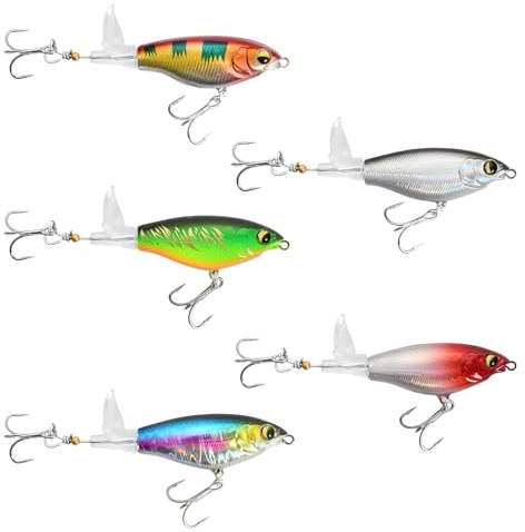 Set di 5 esche artificiali da pesca – 7,5 cm per pesce persico, luccio e trota – Design realistico con elica, gancio per trapano e scatola – Attrezzatura da pesca per acqua dolce e salata