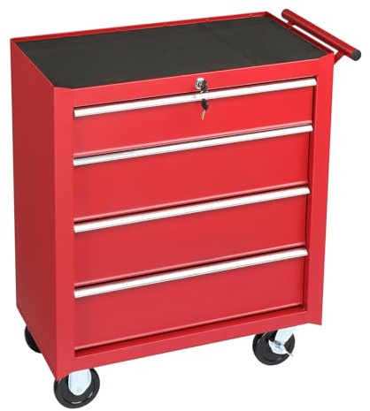 Karl home Rolling Tool Chest with 4 Drawers, Lockable Metal Storage Cabinet ToolBox on Wheels & Brakes, Portable Tool Cart Trolley for Garage, Workshop, Warehouse, Repair Shop, Red