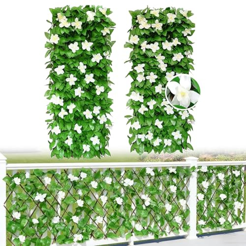 2PCS Expanding Garden Trellis Panels, 40x20cm to 28x200cm Expandable Garden Fence Screening with Artificial Ivy and White Orchid,Decorative Faux Ivy Leaf Privacy Screen Greenery Backdrop for Backyard