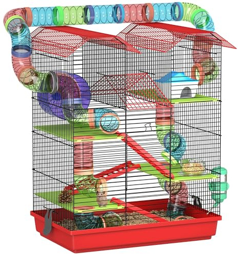 PawHut Gabbia per criceti a 5 livelli, 47x30x59 cm, casetta per piccoli animali con tunnel, mangiatoia, abbeveratoio, casetta, ruota per esercizi, scale, per ratti e gerbilli, rossa