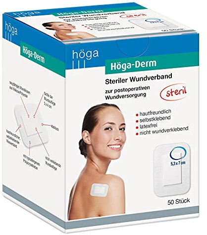 Höga Derm, steriler Wundverband, hautfreundlich, latexfrei und selbstklebend, 53 x 70 mm, gebrauchsfertiges Pflaster , 50 Stück (1er Pack)