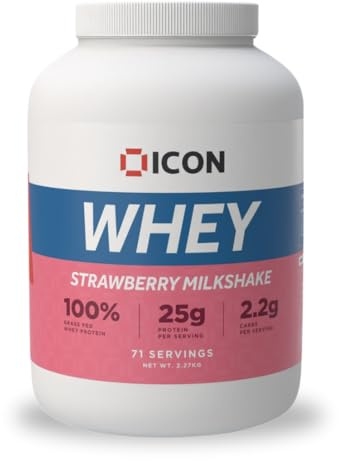 ICON Nutrition Whey Protein Powder — Strawberry Milkshake — High Protein, Grass Fed, Low Carbs & Fat, Complete Amino Acid Profile, Cold Shakes or Mix with Foods — 2.27kg, 71 Servings