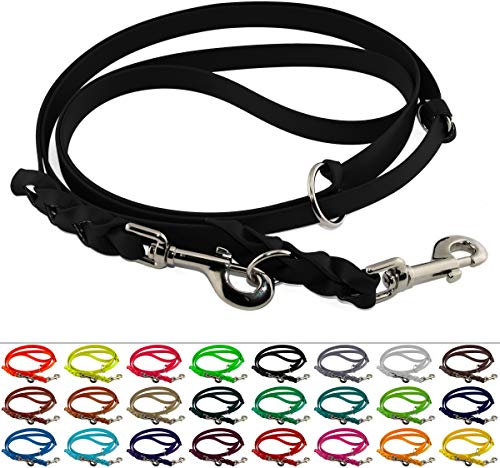 LENNIE Verstellbare BioThane Führleine, 9mm breit, 3m lang, Schwarz, geflochten, Doppelleine