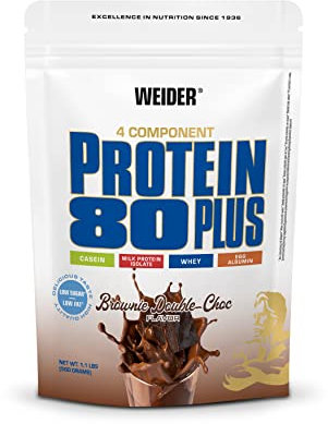 Weider - Protein 80 Plus - 4-Komponenten Protein Pulver - Hoher Proteingehalt mit 80% Eiweiß - Cremige Shakes mit Calcium & Vitamin B6 - 500g - Brownie Double-Choc