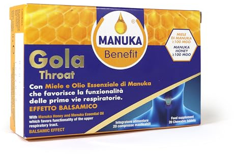Gola Voce, con Miele e Olio essenziale di Manuka, favorisce la funzionalità delle prime vie respiratorie 20 Compresse masticabili Manuka Benefit