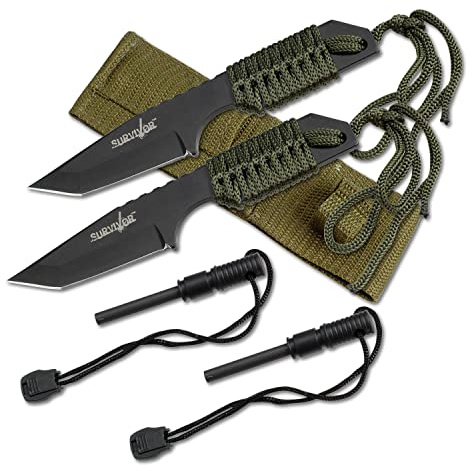 SURVIVOR 7 Full Tang Fixed Blade Knife with 3 Stainless Steel Tanto Blade, Green Cord-Wrapped Handle, Fire Starter & Nylon Sheath (Green-2PACK)
