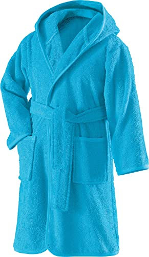 Erwin Müller Kinder-Bademantel mit Kapuze Uni Frottier türkis Größe 134/140 - weich, flauschig, saugstark, mit Bindegürtel und Taschen, 100% Baumwolle