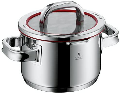 WMF Function 4 Kochtopf klein 16cm, Glasdeckel, Fleischtopf Induktion 1,9l, Cromargan Edelstahl poliert, 4 Abgießfunktionen, Innenskalierung, rot