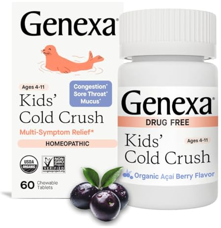Genexa Kids Cold Crush | Multi-Symptom Cough & Cold, Sore Throat, Congestion Relief for Children | Acai Berry Flavor | Organic & Non-GMO | Homeopathic Remedy Made Clean | 60 Chewable Tablets Age 4-11​