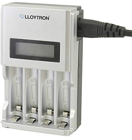 LLOYTRON Ultra Fast Intelligent AA / AAA LCD Home Battery Charger for NiMh / NiCd Rechargeable Batteries - Charge 1 or 4 Batteries at Once - LCD Display - B1504 - Silver
