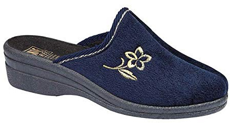 Foster Footwear Ladies Fleece Helen Comfort Warm Velour Embroidered House Slip On Wedge Mules Slippers Shoe