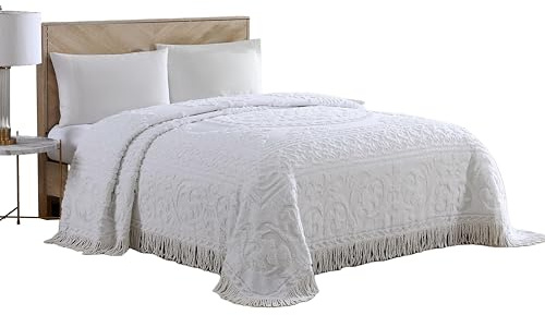Beatrice Home Fashions Medallion Chenille Bedspread, Queen, White