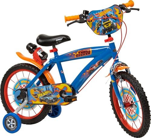 Toimsa Hot Wheels 16 inch Bicycle, Kids Bike Learn to Ride, with Training Wheel Stabilisers and Mudguard, for Children Ages 5-7 Years, Includes Water Bottle, Blue and Red