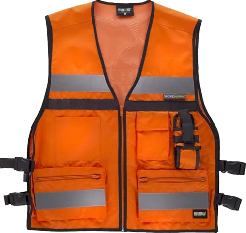 WORKTEAM Chaleco de Alta Visibilidad Multibolsillos en Tejido Oxford con Cintas Reflectantes, Cierre de Cremallera, Ajustes Laterales y Forro de Rejilla, Talla Única. Unisex Naranja A.V.