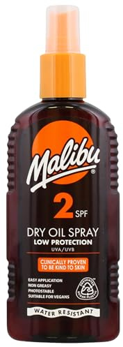 Malibu Sun SPF 2 icke-fet torr oljespray för solning med sheasmörextrakt, lågt skydd, vattentålig, 200 ml
