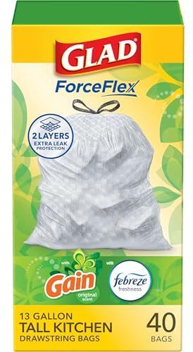 Glad ForceFlex Tall Kitchen Trash Bags, 13 Gallon, Gain Original, 40 Count (Package May Vary)