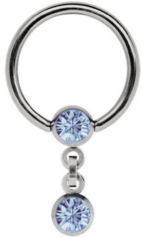 Intimate Piercing Ring 1.6 x 9 mm with Chain in Titan and 5 mm Stone Balls in Light Blue