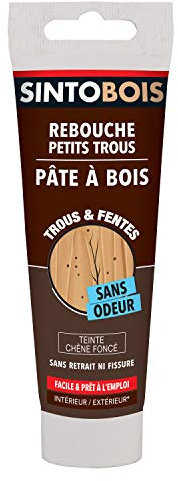 SINTOBOIS - Rebouche Petits Trous - Pâtes à Bois Sans Odeur - Prêt à l'Emploi - Sans Solvant - Sec en 4h - Intérieur et Extérieur - Ne se Rétracte pas - Chêne Foncé - Technique Professionnelle - 80 g