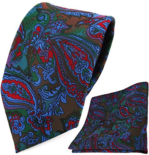 TigerTie Designer Krawatte Einstecktuch in rot blau flieder grün mehrfarbig Paisley gemustert