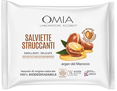 Omia, Salviette Struccanti Viso Ecobio Con Olio di Argan del Marocco, Struccanti, Emollienti e Delicate, Rimuovono il Trucco Waterproof, Tessuto 100% Biodegradabile - Confezione da 20 Salviettine