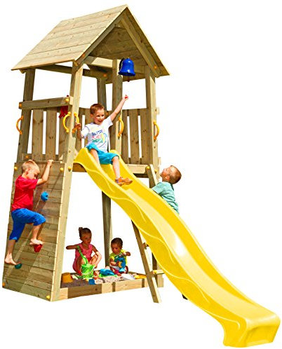 Blue Rabbit 2.0 Spielturm Belvedere mit Rutsche Kletterturm mit Kletterwand Glocke Sandkasten Lenkrad und Holzdach (Rutschenlänge 2,30 m, Gelb)