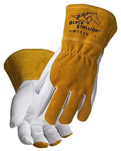 Black Stallion (GM1510-WT Goatskin MIG Glove, Premium Grain Goatskin Leather, Padded DragPatch, Heat & Abrasion Resistant, Kevlar Stitching, Medium, White/Yellow