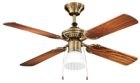 Ventilatore da soffitto con luce in metallo colore ottone brunito 4 pale Ø 105 x H. 42 Kit luce vetro satinato Ø 15cm 1xE27 Max 60W Potenza motore 22W-45W Comandato a catenelle Telecomando ordinabile Lampadario con pale Reversibile PERENZ 7064OB