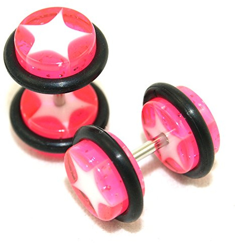 Fake Cheaters Illusion Faux Ear Plugs 16G Bar Look Like 0G Pink White Star
