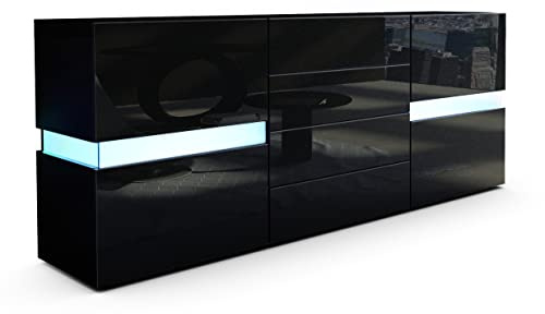 Vladon Sideboard Flow, Noir Mat/Noir Haute Brillance y Compris LED - Commode Moderne avec vitrage Ambient Light pour Votre Espace de Vie (177 x 75 x 39 cm)