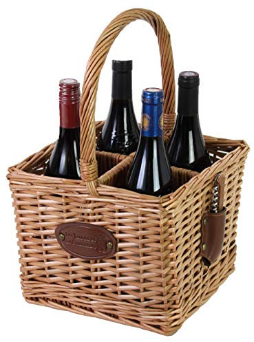 Les Jardins de la Comtesse - Panier Porte-Bouteille en Osier Naturel - Boisson/Vin/Champagne/Eau/Soda - 4 Compartiments - Accessoire Pique Nique - Vendu avec Tire-Bouchon 25 x 25 x 40 cm