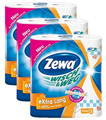 Zewa Wisch und Weg Riesen Küchenrollen Extra Lang, saugstarke Wischtücher, 3 x 2 Rollen (6 x 72 Blatt)