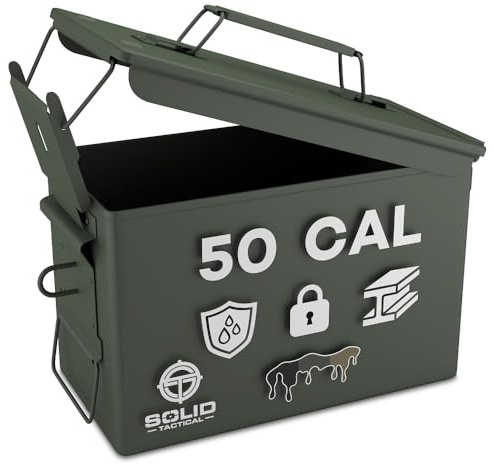 Solid Tactical Lockable 50 Cal Metal Ammo Storage Box Green - Military & Army Steel Ammo Can for Ammunition Storage - Waterproof Ammo Crate Utility Box