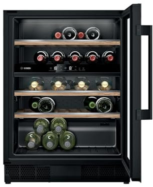 Bosch KUW21AHG0 Serie 6 Weinkühlschrank, 82 x 30 cm, 44 Flaschen, Temperatur: 5-20 °C, zwei Temperaturzonen, 120 L, LED-Beleuchtung gleichmäßige Ausleuchtung, ausschaltbares Präsenterlicht