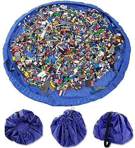 VStoy Tappetino per giochi semplici che si trasforma in sacco di raccolta - ideale per una veloce raccolta di Lego, Duplo e giocattolo vari (Dimensioni - 150cm) (blu)