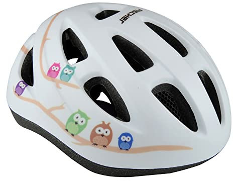 FISCHER Kinderhelm, Fahrradhelm, Jugendhelm Eule, XS/S, 48-54cm, weiß, hochfeste EPS-Schale, TÜV-Zertifiziert