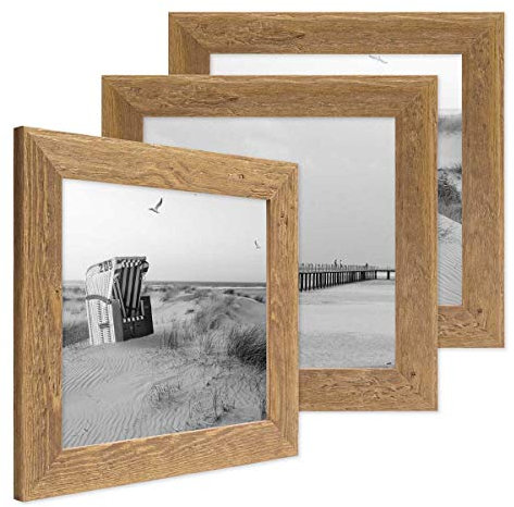 PHOTOLINI Bilderrahmen 20x20 cm Holz Eiche-Optik, 3er Set Echtholz-Rahmen rustikal, Strandhaus, Made in Germany, Echtglas, zum Aufhängen, extra Zubehör - Treibholzlook mit einem Hauch Küstenflair