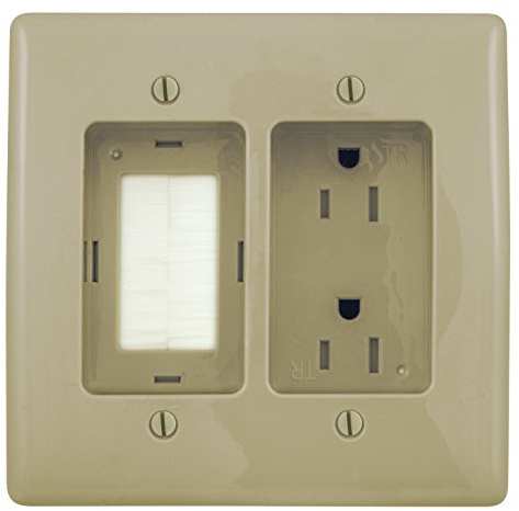 Bryant Electric RR1512I 2-Gang Recessed TV Connection Outlet Plate with 15 Amp 125V Tamper-Resistant Duplex Receptacle with One Pass-Thru Opening, Ivory