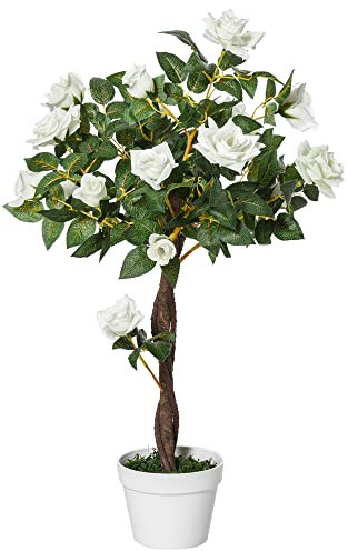 Outsunny Pianta Finta di Rosa da 21 Fiori con Vaso Riempito in Cemento e Muschio, Pianta Artificiale in Plastica e Tessuto, Ø18x90 cm, Bianco e Verde