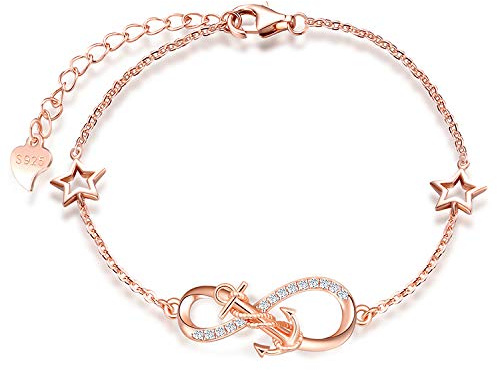 MicLee-Bracciale da donna in argento sterling 925 Bracciale con simbolo nautico e ancora Bracciale con simbolo dell'infinito con stelle incavate e catena regolabile con zirconi
